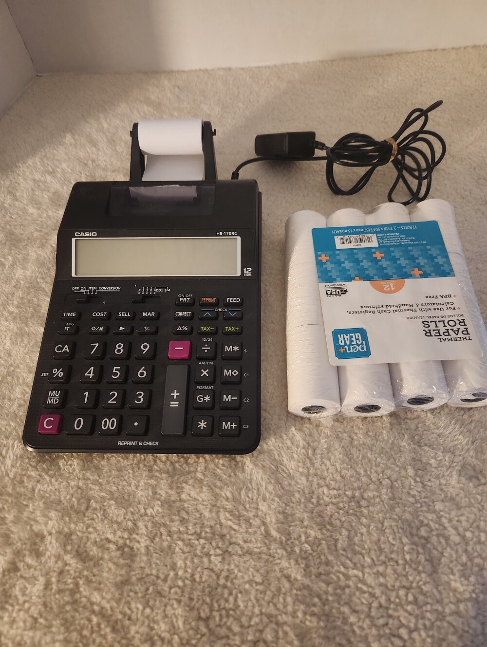 Casio Black Printing Calculator with White Paper Rolls